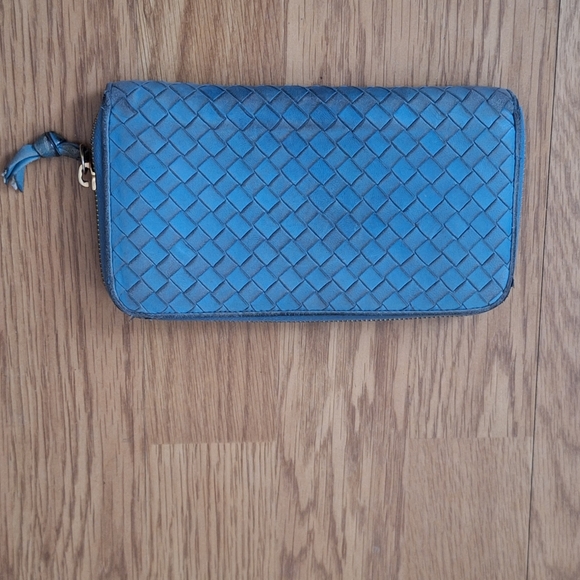 Bottega Veneta Light Blue Leather Zip Around Wallet